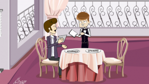 conversation between waiter and customer in a restaurant in French